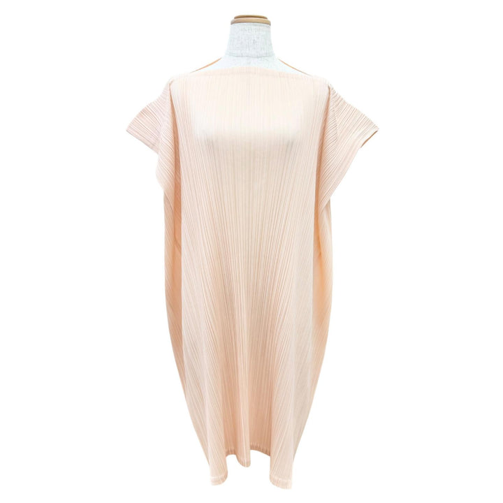 Excellent PLEATS PLEASE one piece Slashed neck cap sleeves beige 3 PP63-JH123