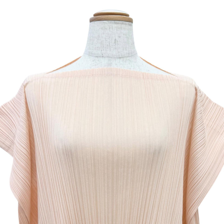 Excellent PLEATS PLEASE one piece Slashed neck cap sleeves beige 3 PP63-JH123