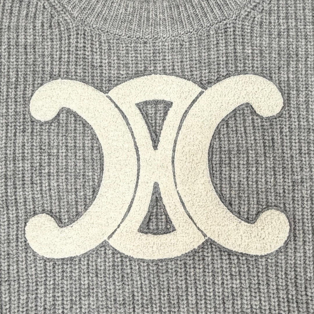 Excellent CELINE knit Triomphe Long Sleeve Ribbed gray wool M RY0GS423P.09GM