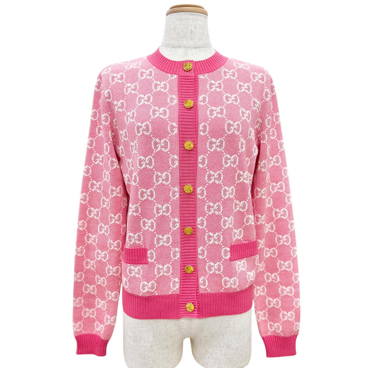 Excellent GUCCI cardigan GG Jacquard Anchor Gold Buttons pink wool XS 629452