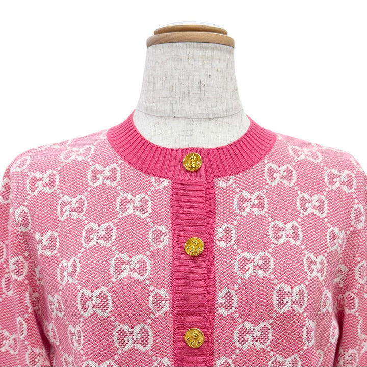 Excellent GUCCI cardigan GG Jacquard Anchor Gold Buttons pink wool XS 629452