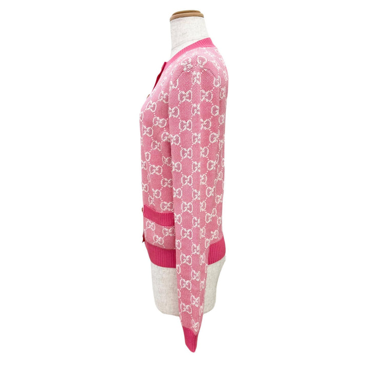 Excellent GUCCI cardigan GG Jacquard Anchor Gold Buttons pink wool XS 629452