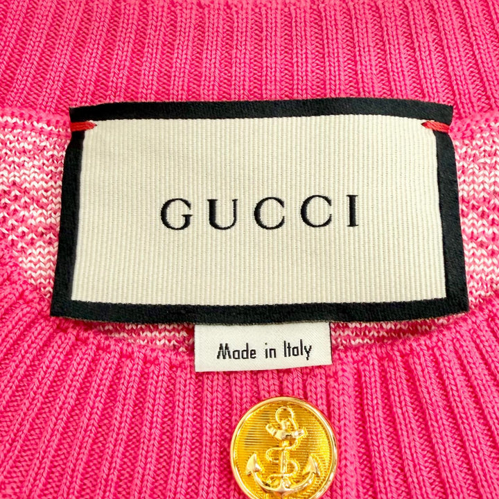 Excellent GUCCI cardigan GG Jacquard Anchor Gold Buttons pink wool XS 629452