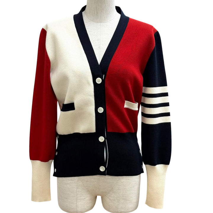 Excellent THOM BROWNE Funmix Crepe 4-BAR Cardigan V neck Multi wool 42 FKC207F