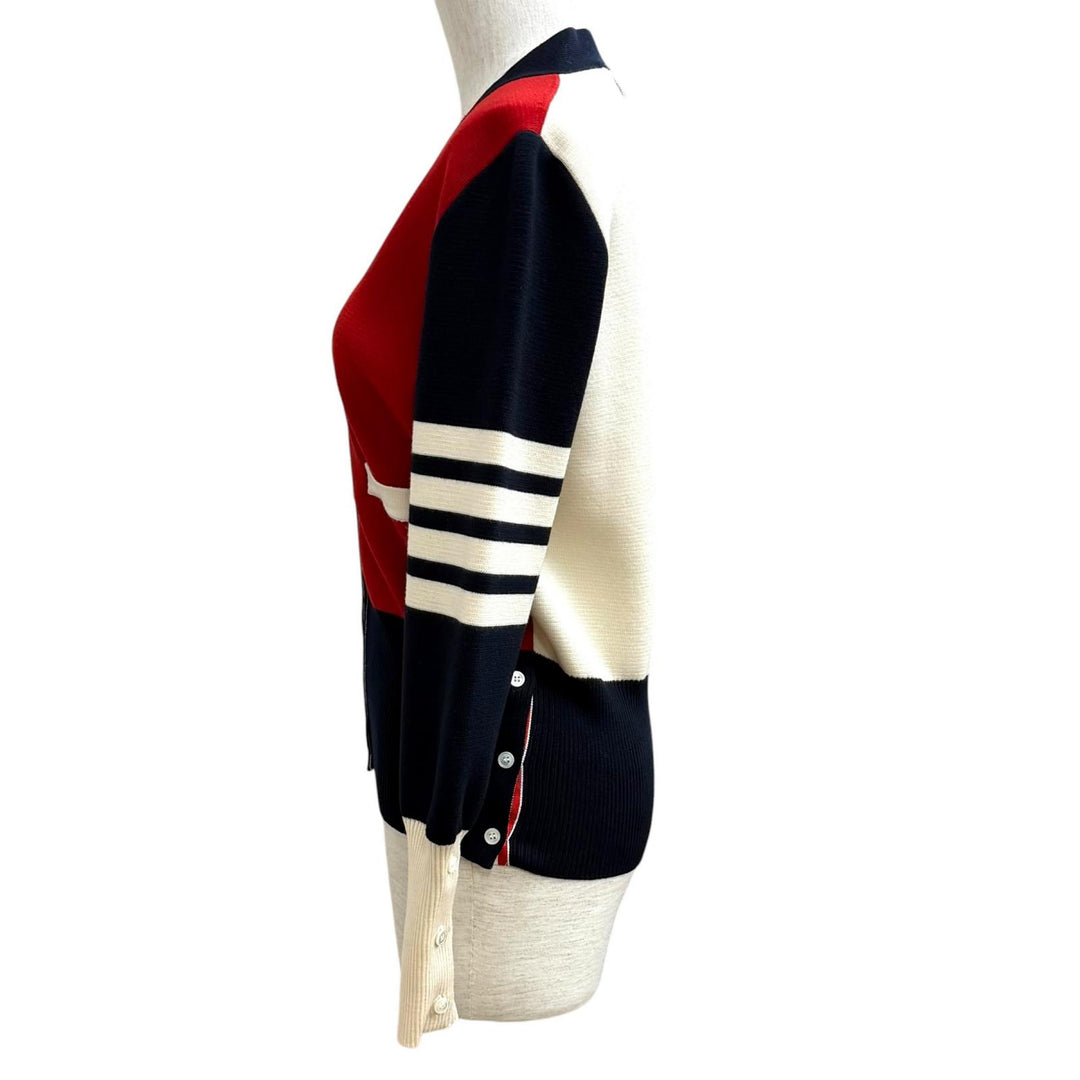 Excellent THOM BROWNE Funmix Crepe 4-BAR Cardigan V neck Multi wool 42 FKC207F