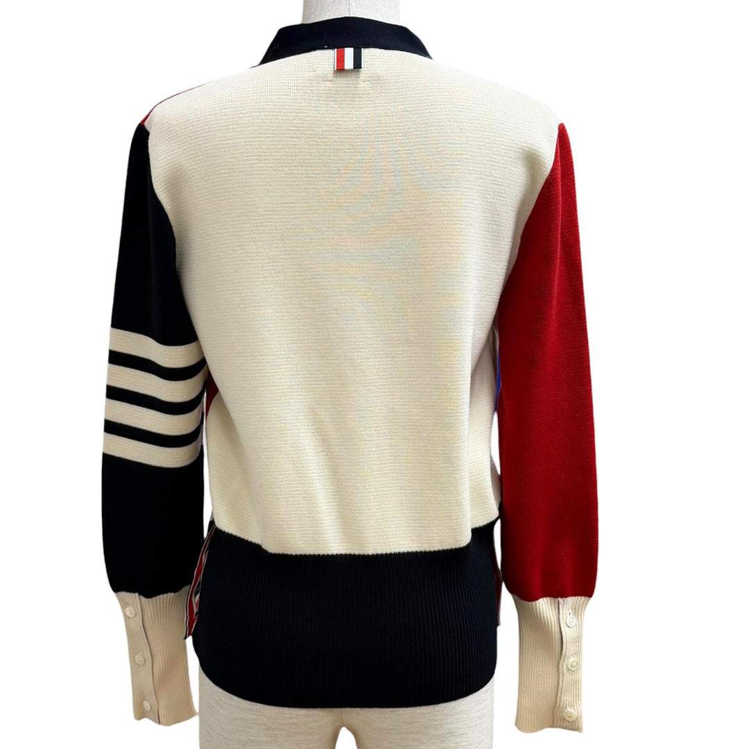 Excellent THOM BROWNE Funmix Crepe 4-BAR Cardigan V neck Multi wool 42 FKC207F