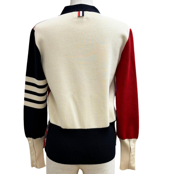 Excellent THOM BROWNE Funmix Crepe 4-BAR Cardigan V neck Multi wool 42 FKC207F