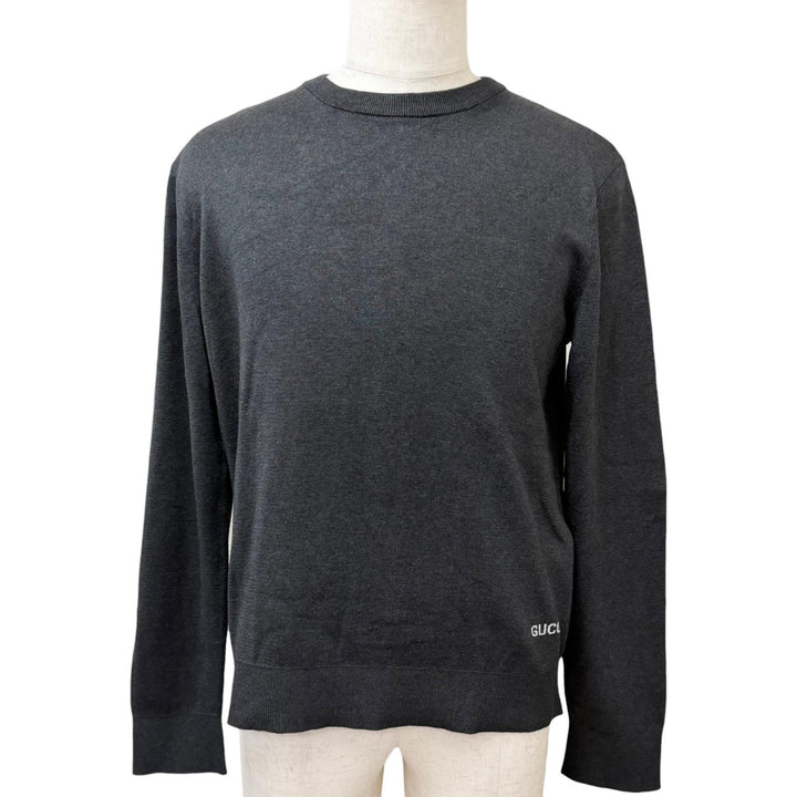 Excellent GUCCI sweater Intarsia logo Charcoal gray silk mens M 819421