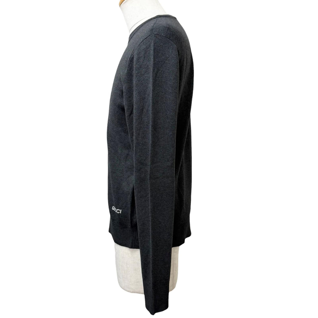 Excellent GUCCI sweater Intarsia logo Charcoal gray silk mens M 819421