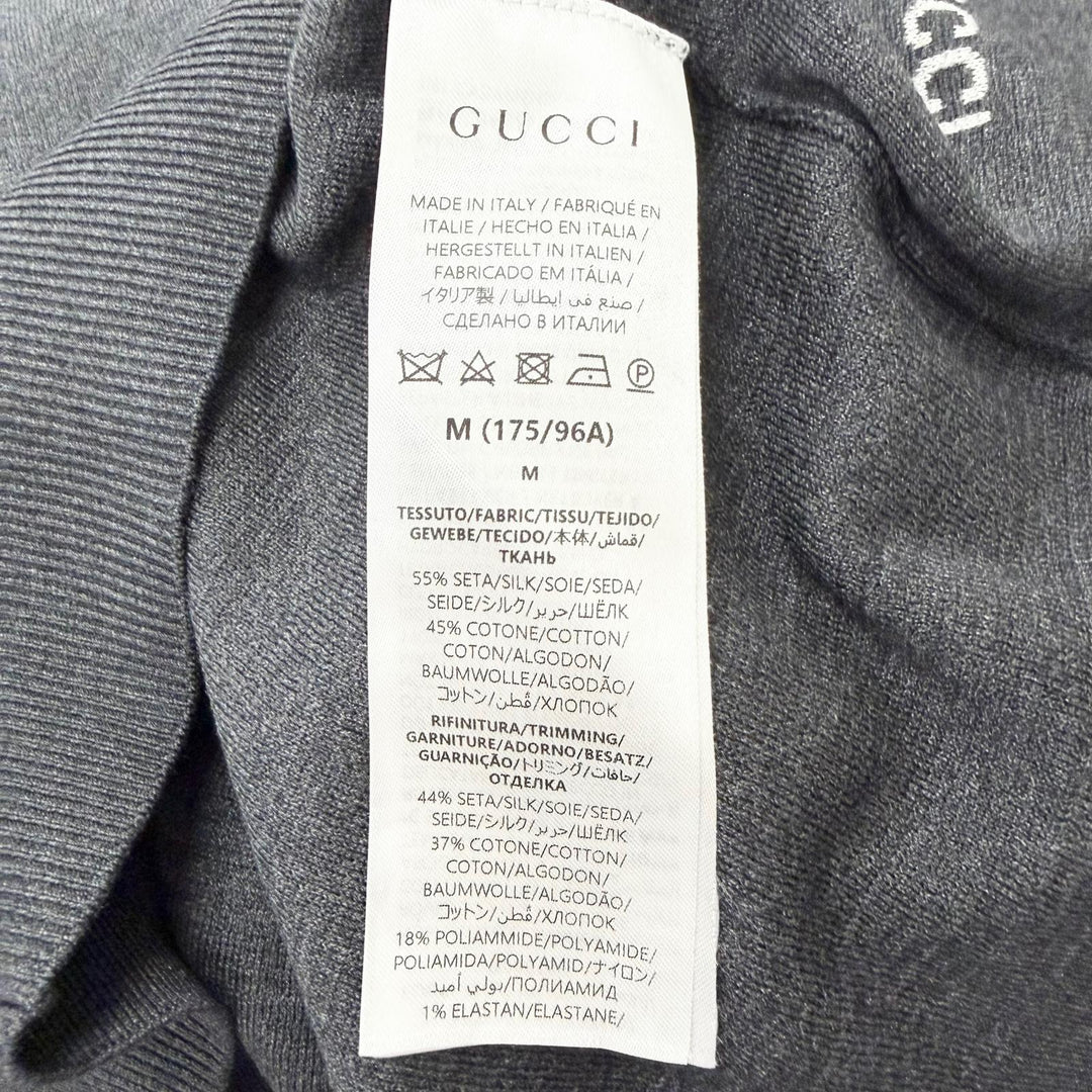 Excellent GUCCI sweater Intarsia logo Charcoal gray silk mens M 819421