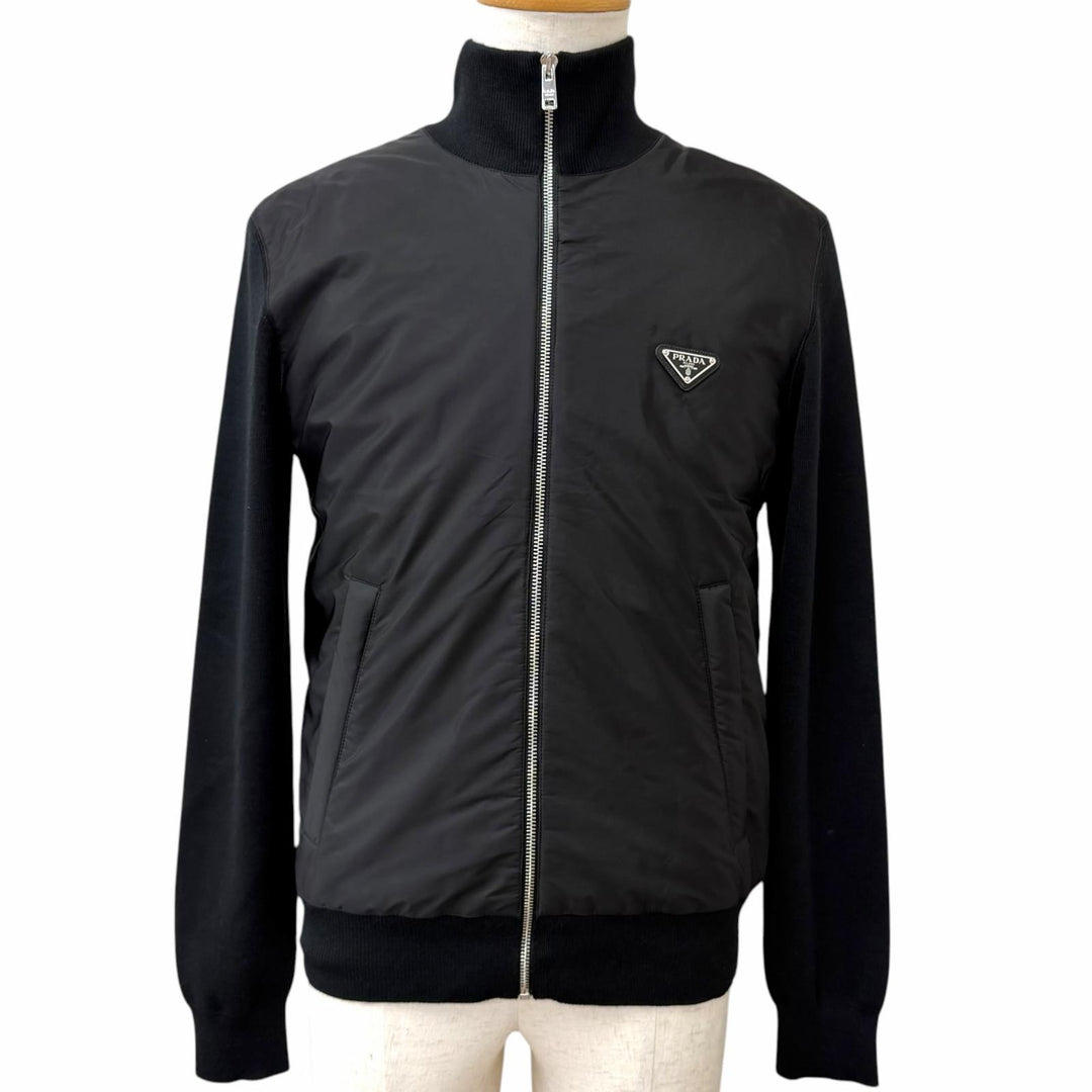Great PRADA Blouson Triangle logo nylon panel black Virgin wool mens 48 UMG116