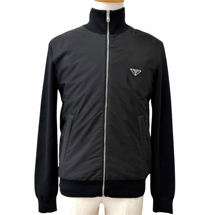 Great PRADA Blouson Triangle logo nylon panel black Virgin wool mens 48 UMG116