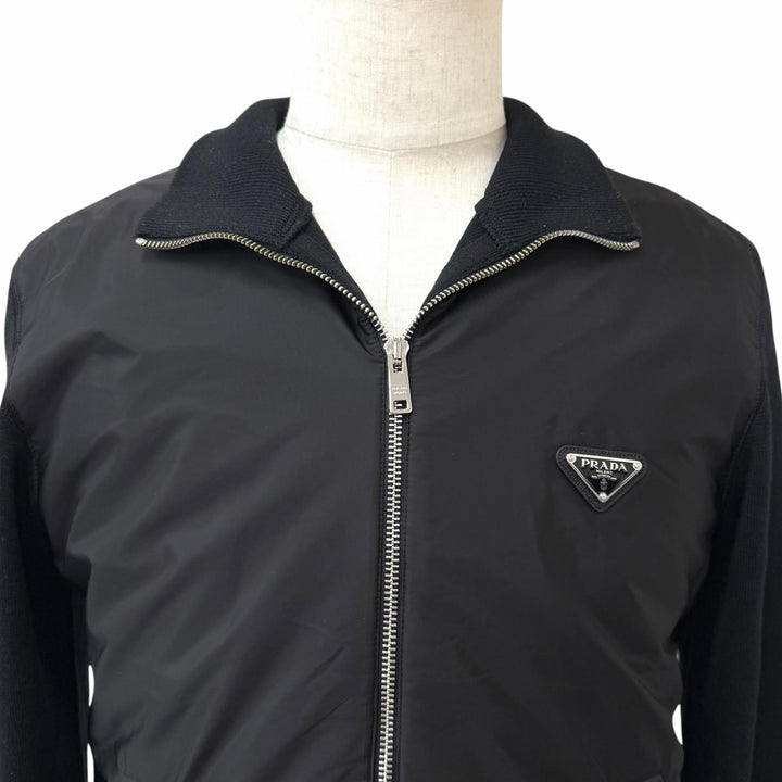 Great PRADA Blouson Triangle logo nylon panel black Virgin wool mens 48 UMG116