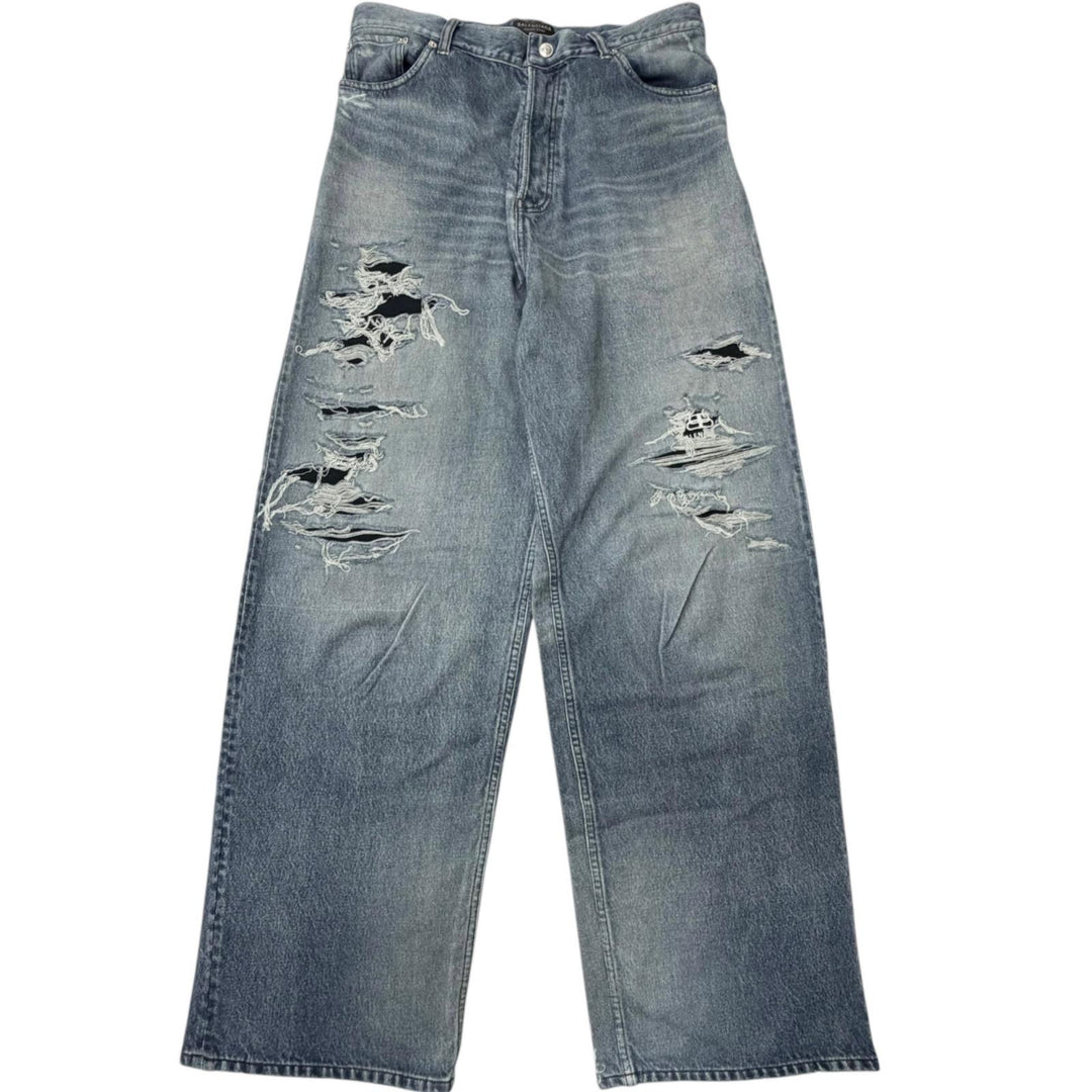 Excellent BALENCIAGA Denim pants Trompe l'oeil denim transfer print