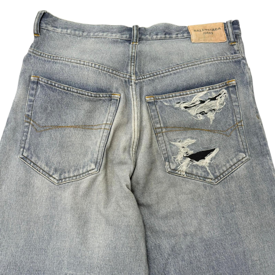 Excellent BALENCIAGA Denim pants Trompe l'oeil denim transfer print