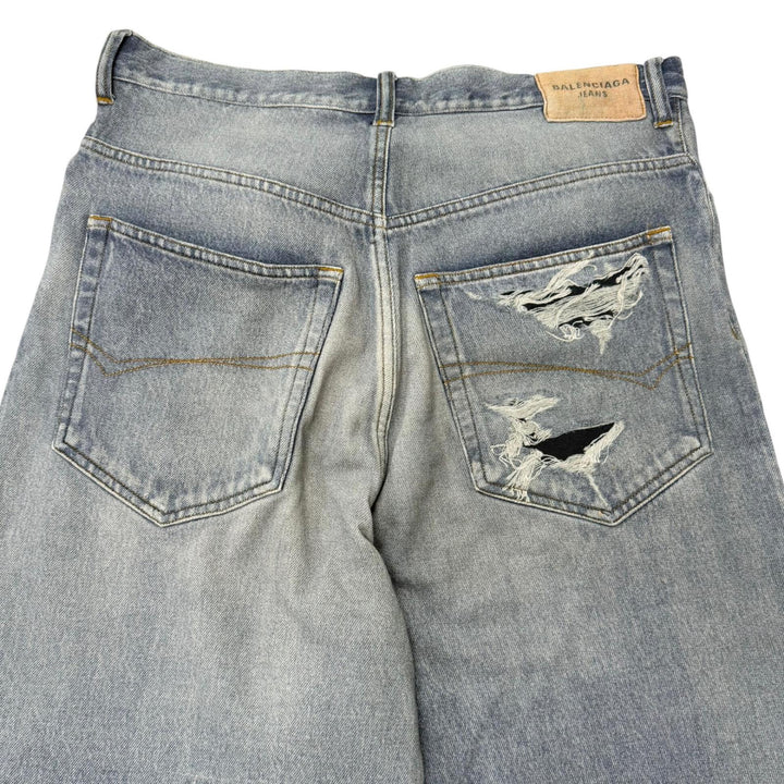 Excellent BALENCIAGA Denim pants Trompe l'oeil denim transfer print