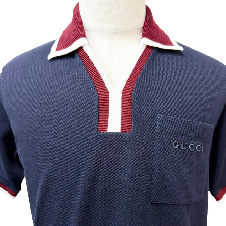 Great GUCCI Short sleeve polo shirt Logo embroidery cotton pique Navy cotton