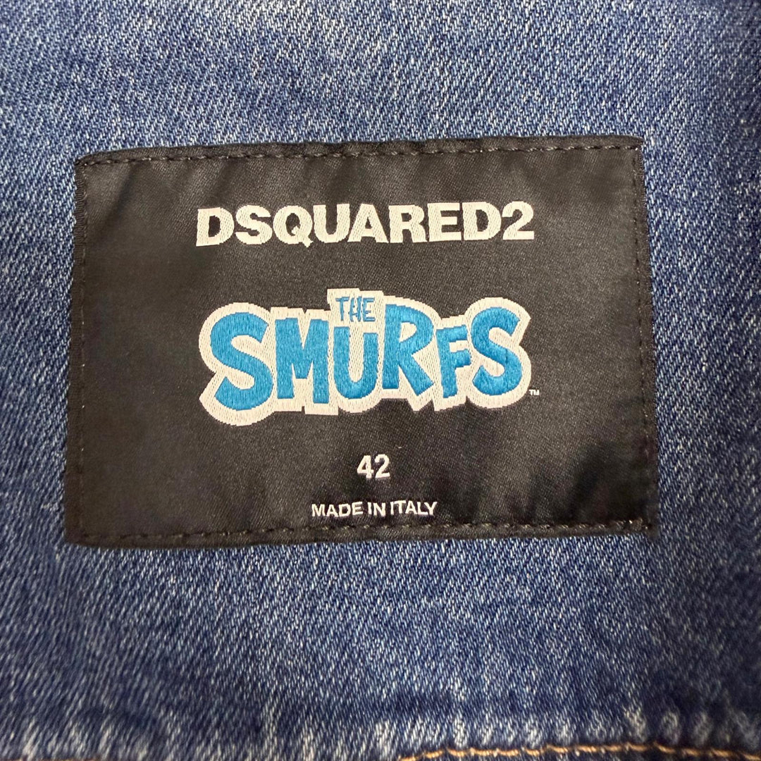 Discounted Great DSQUARED2 Denim Jacket Smurfs collaboration distressed finish Indigo blue