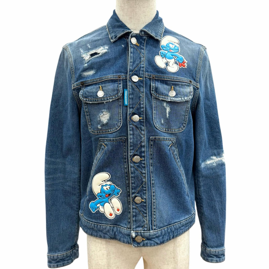 Discounted Great DSQUARED2 Denim Jacket Smurfs collaboration distressed finish Indigo blue