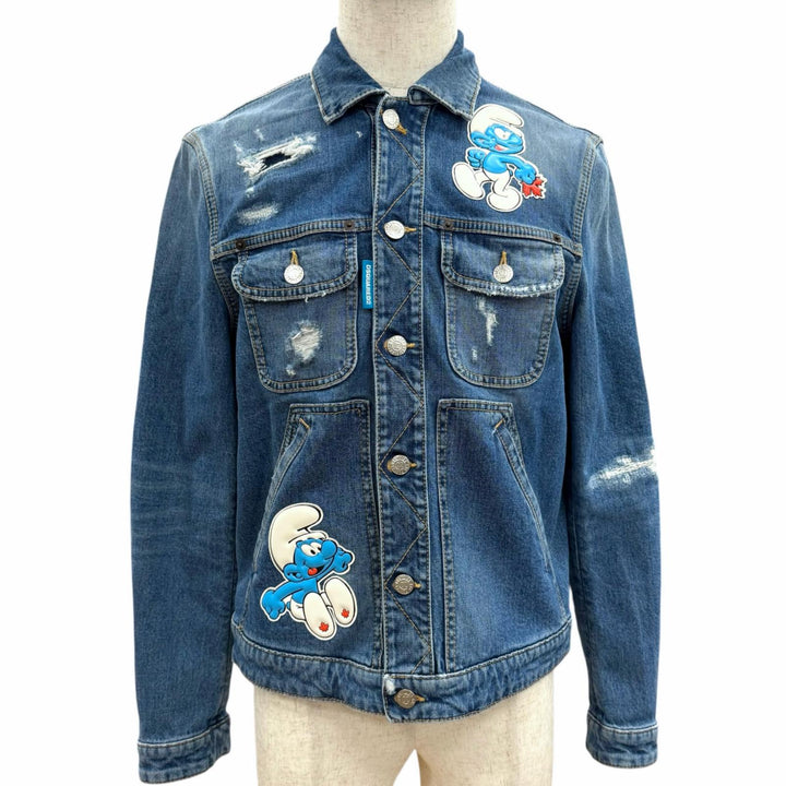 Discounted Great DSQUARED2 Denim Jacket Smurfs collaboration distressed finish Indigo blue