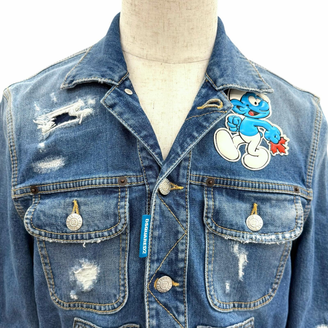 Discounted Great DSQUARED2 Denim Jacket Smurfs collaboration distressed finish Indigo blue