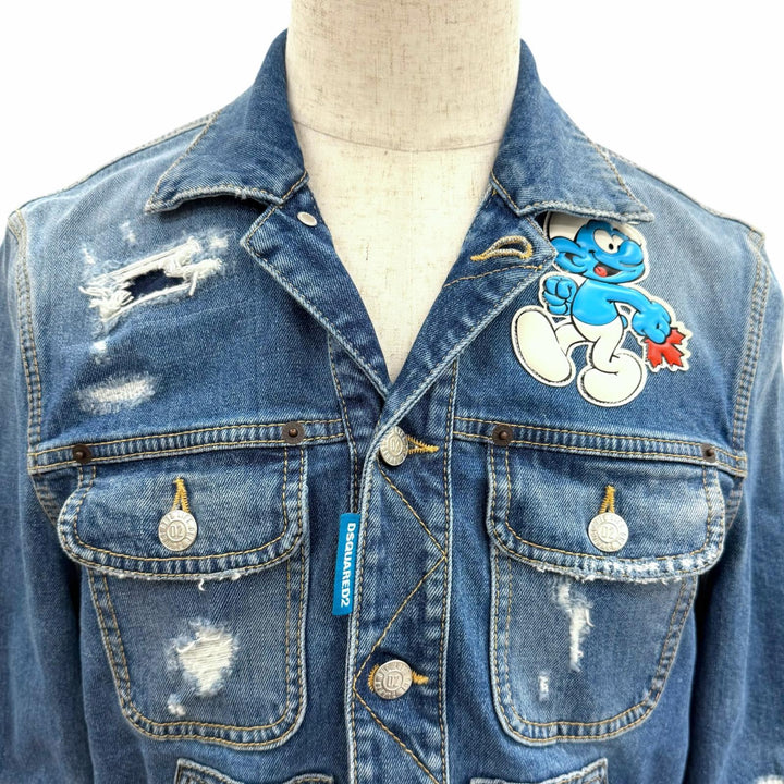 Discounted Great DSQUARED2 Denim Jacket Smurfs collaboration distressed finish Indigo blue