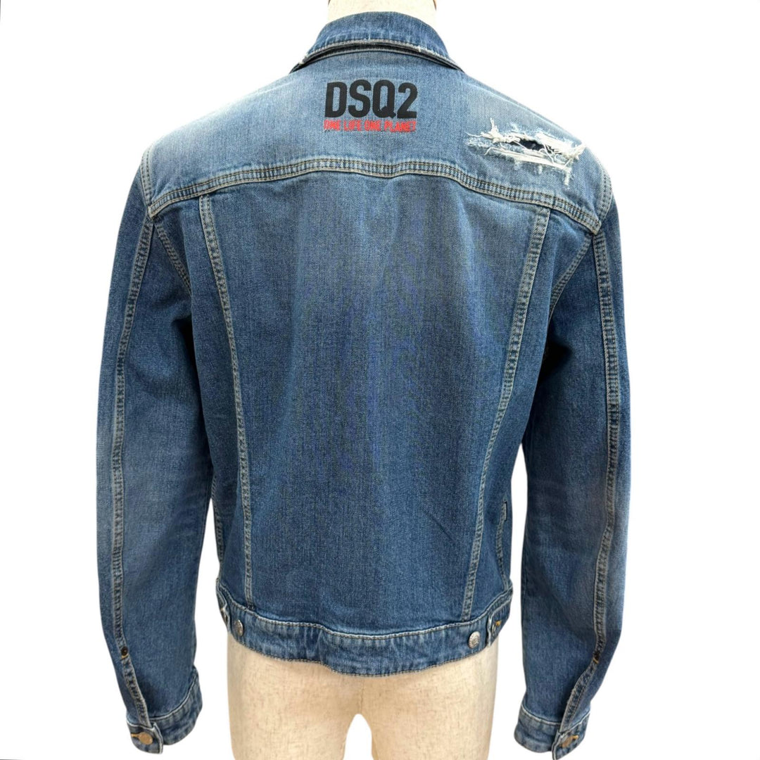 Discounted Great DSQUARED2 Denim Jacket Smurfs collaboration distressed finish Indigo blue