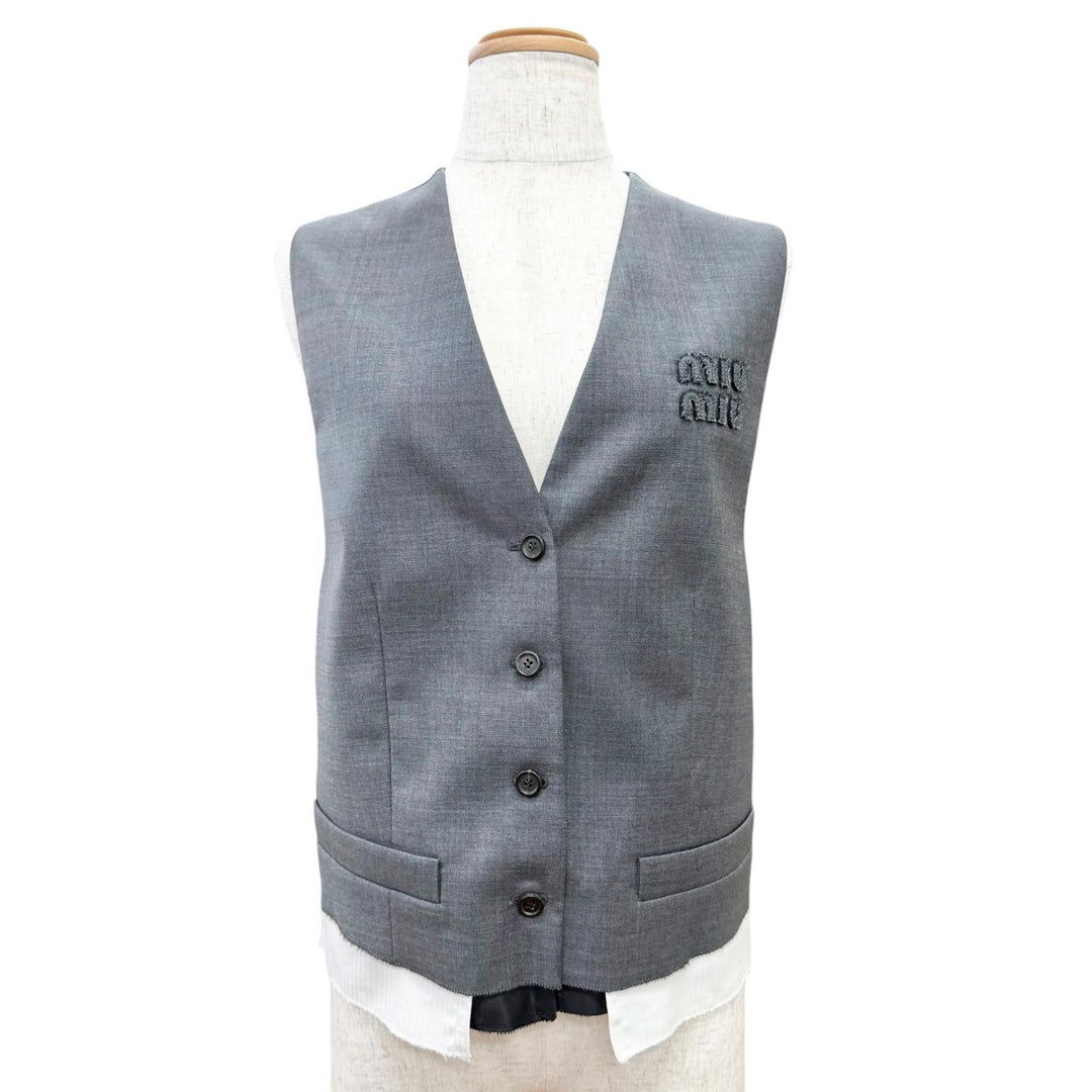 Excellent MIUMIU Best Logo Grisaille Vest Gilet gray Virgin wool Women 40 MAG003