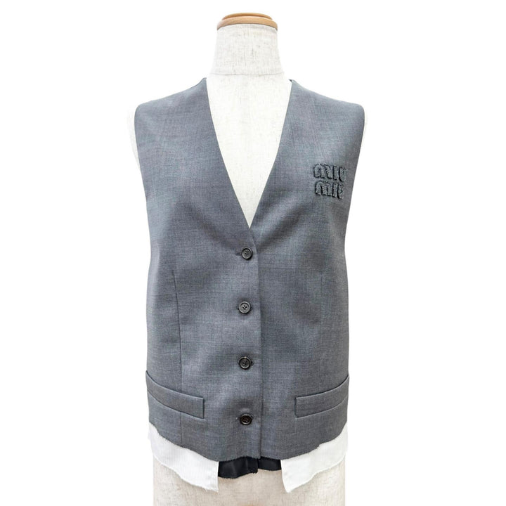 Excellent MIUMIU Best Logo Grisaille Vest Gilet gray Virgin wool Women 40 MAG003