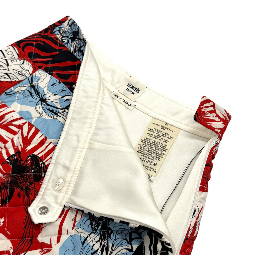 Excellent HERMES Mini skirt JUNGLE LOVE Sellier Button Quilted Trapezoid silk 34
