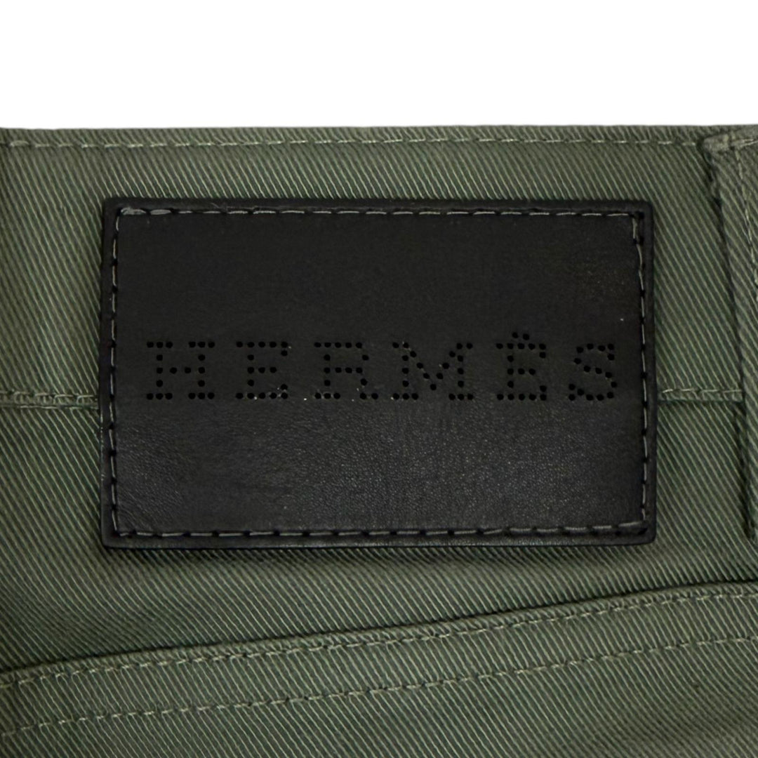 Great HERMES Pants Serie buttons, leather trim khaki cotton mens 40