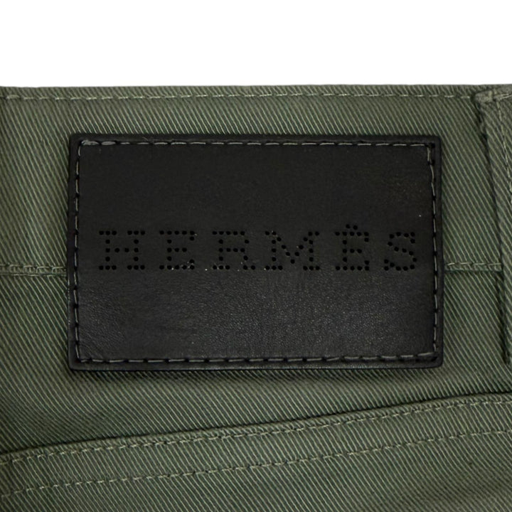 Great HERMES Pants Serie buttons, leather trim khaki cotton mens 40