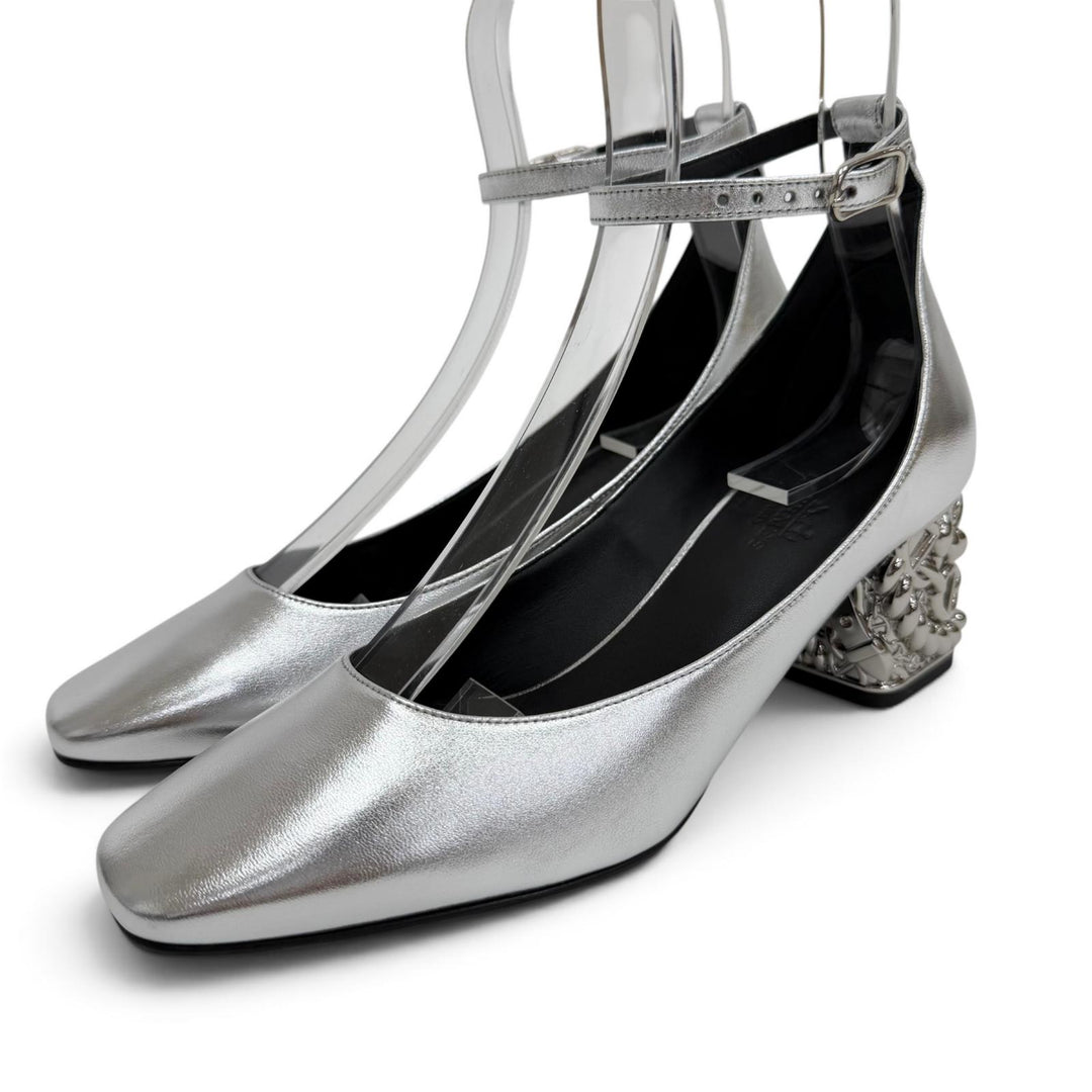 Pristine HERMES pumps Girly 60 Chaine d'Ancre Heel Ankle Strap Silver 36.5