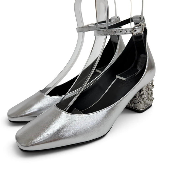Pristine HERMES pumps Girly 60 Chaine d'Ancre Heel Ankle Strap Silver 36.5