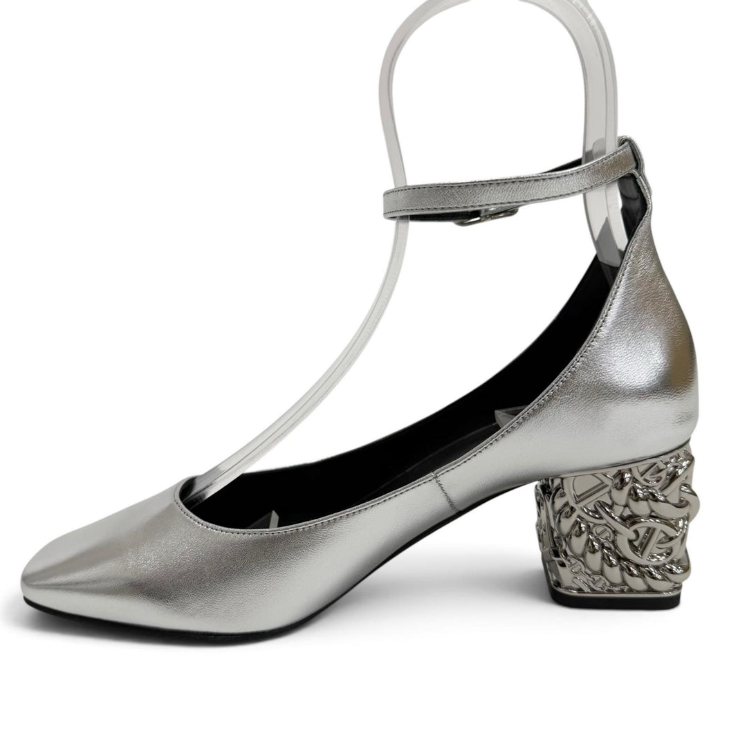 Pristine HERMES pumps Girly 60 Chaine d'Ancre Heel Ankle Strap Silver 36.5