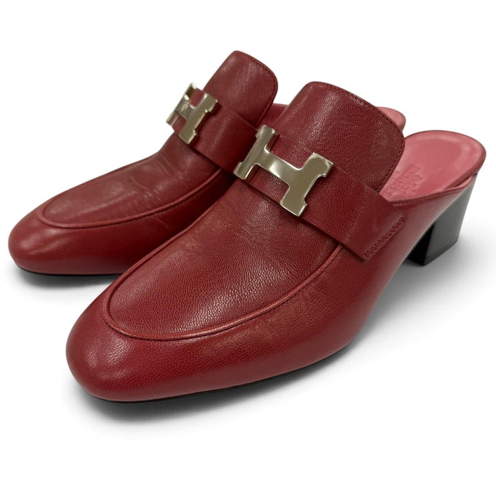 Excellent HERMES Sandals Paradi Constance H Logo Leather Mules Red Women 35.5