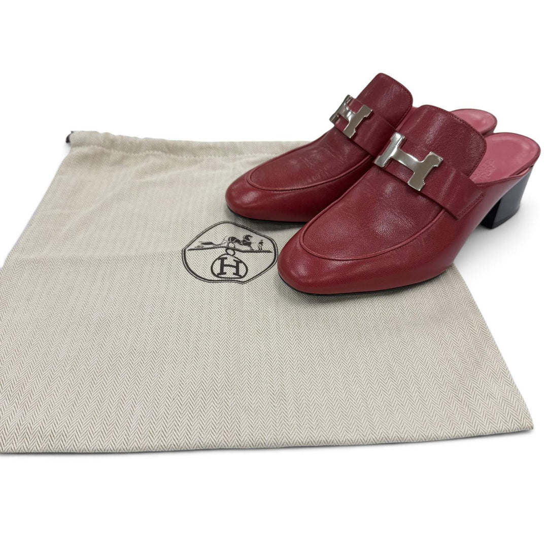 Excellent HERMES Sandals Paradi Constance H Logo Leather Mules Red Women 35.5