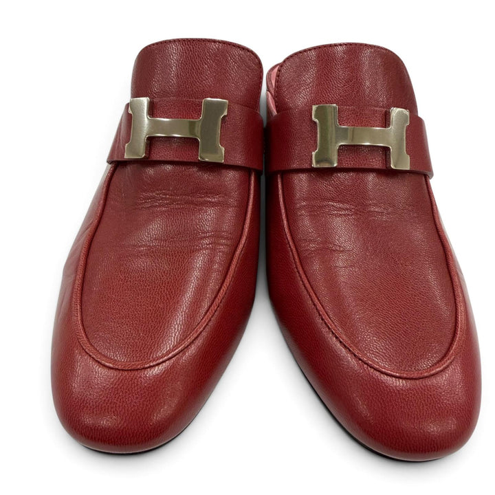 Excellent HERMES Sandals Paradi Constance H Logo Leather Mules Red Women 35.5