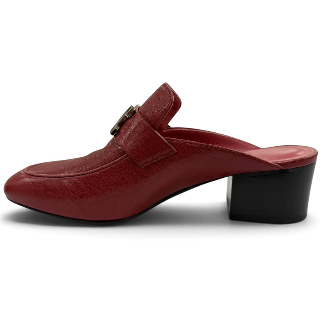 Excellent HERMES Sandals Paradi Constance H Logo Leather Mules Red Women 35.5