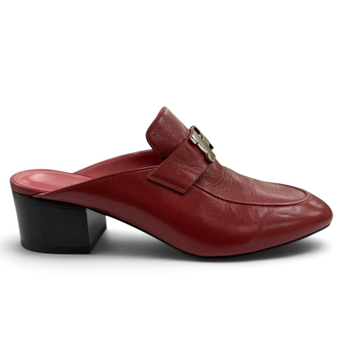 Excellent HERMES Sandals Paradi Constance H Logo Leather Mules Red Women 35.5