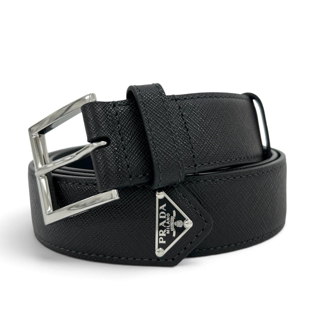 Excellent PRADA belt TriangleWith logo black Safiano leather mens 42 2CC672