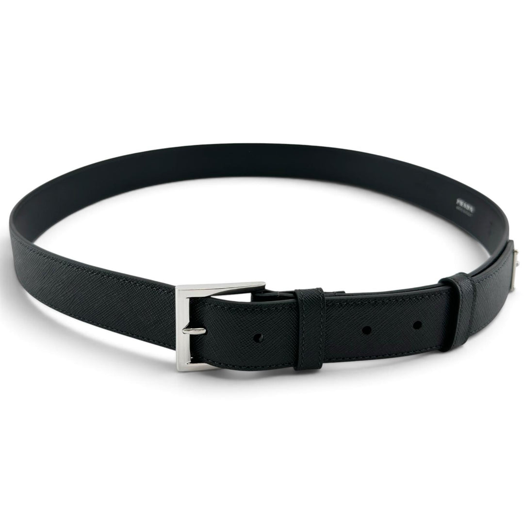 Excellent PRADA belt TriangleWith logo black Safiano leather mens 42 2CC672