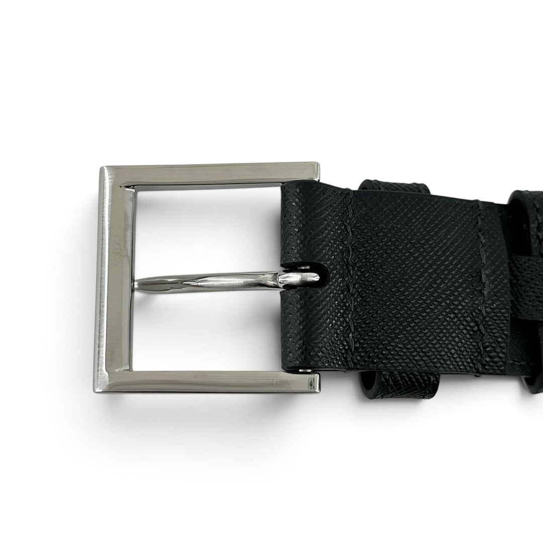 Excellent PRADA belt TriangleWith logo black Safiano leather mens 42 2CC672