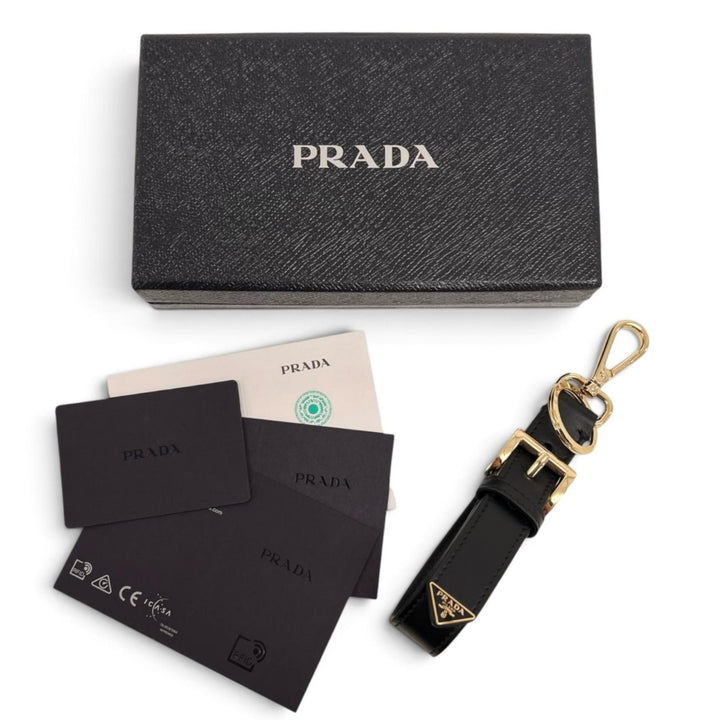 Excellent PRADA key ring Triangle Keyring with Logo black leather Women