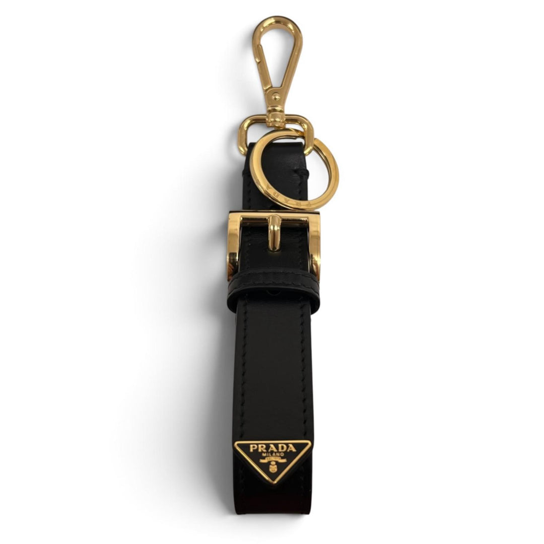 Excellent PRADA key ring Triangle Keyring with Logo black leather Women