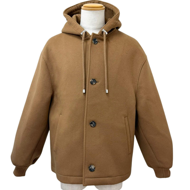 Excellent LOEWE Jacket Anagram Leather Patch Hooded Blouson Camel wool