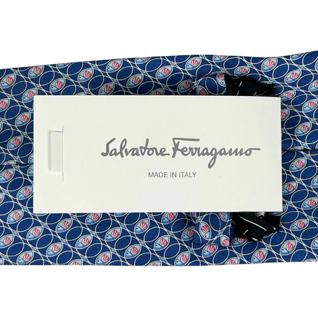 Pristine Salvatore Ferragamo tie Fish pattern blue silk mens