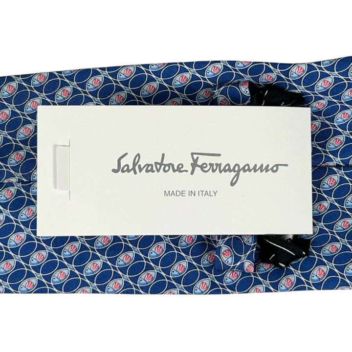 Pristine Salvatore Ferragamo tie Fish pattern blue silk mens