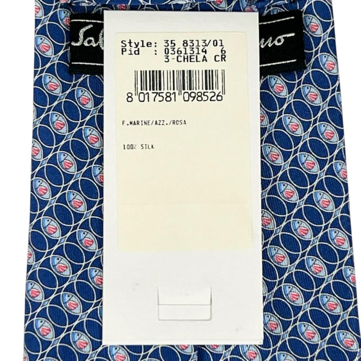 Pristine Salvatore Ferragamo tie Fish pattern blue silk mens