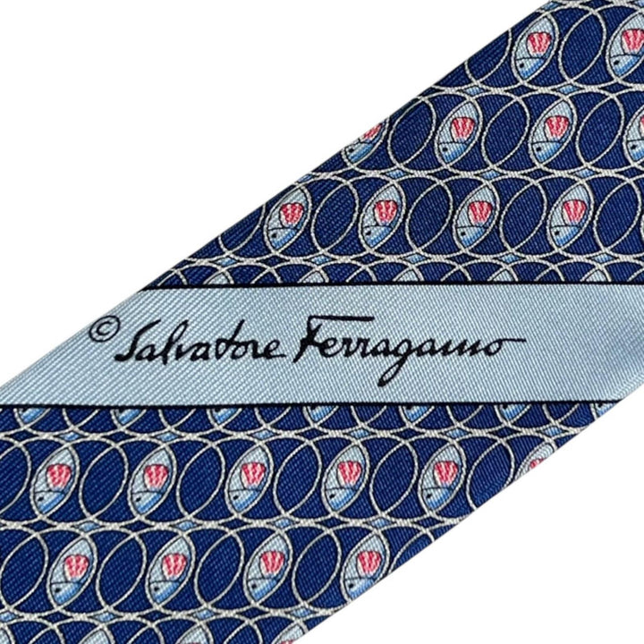 Pristine Salvatore Ferragamo tie Fish pattern blue silk mens